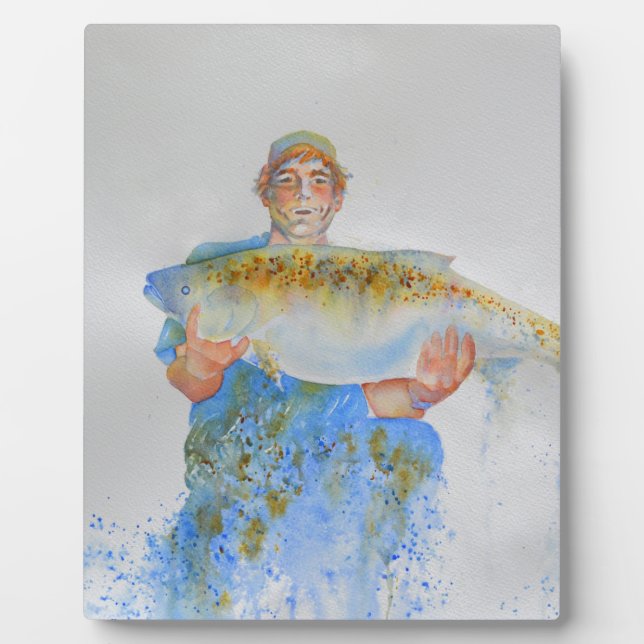 Placa Expositora Pescador acuarela pintura regalo de pesca para él (Frente)