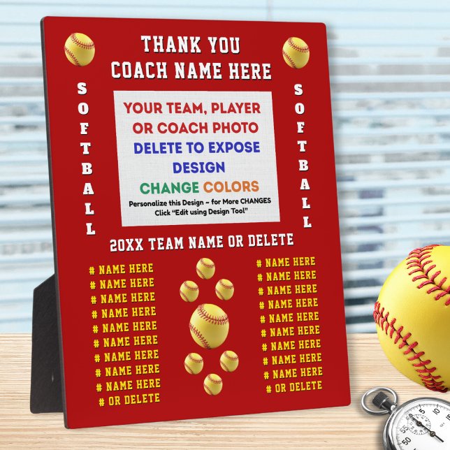 Placa Expositora Photo and Personalized, Softball Coach Plaques  (Gift ideas for softball coaches. Personalized, softball coach plaques. Players names, softball photo)