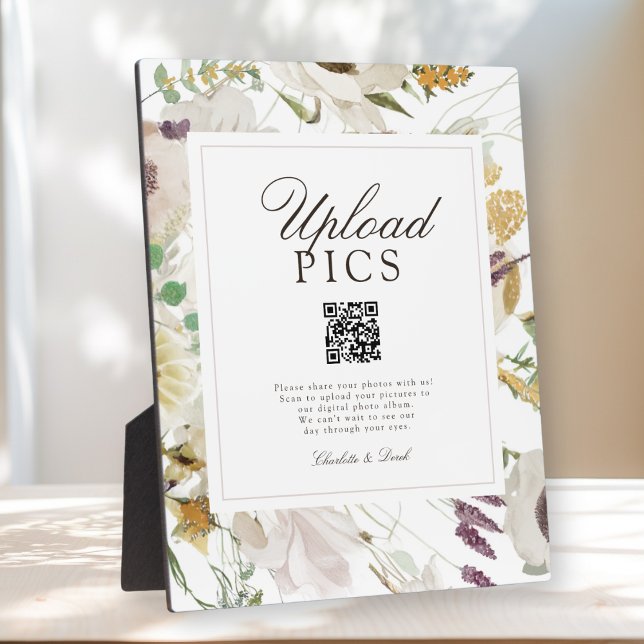 Placa Expositora ¡PICS HAPPEN! Galería de códigos QR para bodas mod (PICS HAPPEN! Modern Spring Boho Floral Watercolor Wedding QR Code Gallery Plaque)