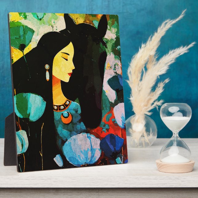 Placa Expositora Pintura de Mujer y Caballo Turquesa (Lado)