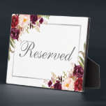 Placa Expositora Plata floral de Borgoña reservada 5x7 Tabla<br><div class="desc">Acuarela Floral Borgoña Marsala Boda Plata Reservado 5x7 Plaque de mesa</div>