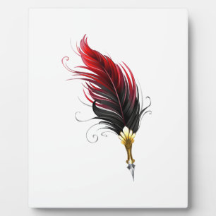 Placa Expositora Pluma de plumas rojas con nido de oro