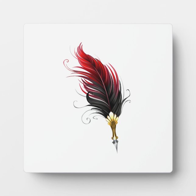 Placa Expositora Pluma de plumas rojas con nido de oro (Frente)