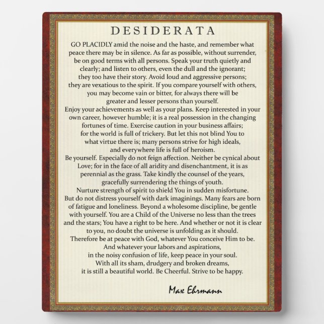 Placa Expositora Poema de Desiderata de estilo tradicional de Max E (Frente)