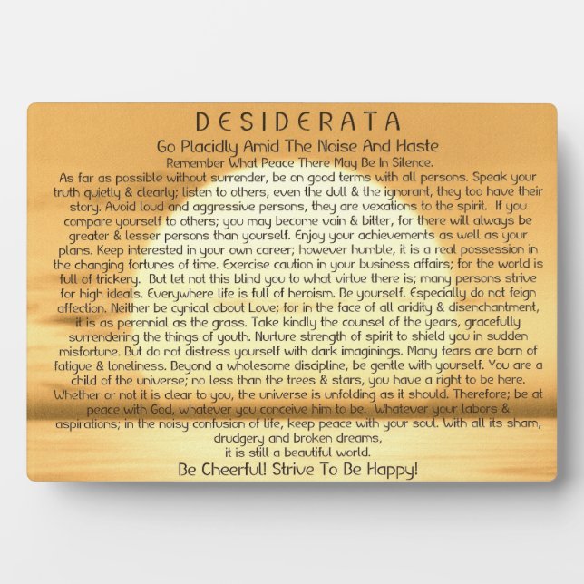 Placa Expositora Poema de Desiderata sobre el atardecer (Frente)