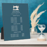 Placa Expositora Precios Verde azulados de la máquina de coser Gold<br><div class="desc">El diseño subestimado muestra sus servicios, la lista de precios o la información comercial bajo el ilustracion de una máquina de coser vintage en oro falso sobre un fondo verde azulado y su nombre o nombre comercial. Incluye tres encabezados de personalizable y campos de texto de cuerpo. Para ajustar el...</div>
