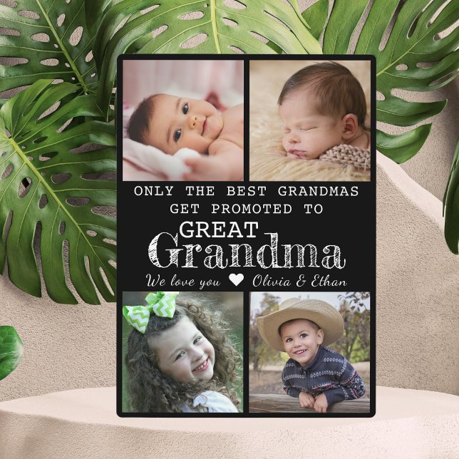 Placa Expositora Promocionado Al Gran Collage de fotos De Abuela 4 (Promoted To Great Grandma 4 Photo Collage Plaque-First Time Great Grandma Gift idea)