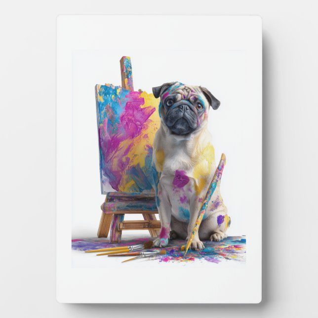 Placa Expositora Pug Pintor - Perro de Arte Abstracto (Frente)