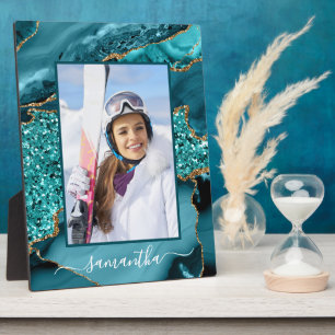 Placa Expositora Purpurina de oro azul verde azulado Agate Nombre e