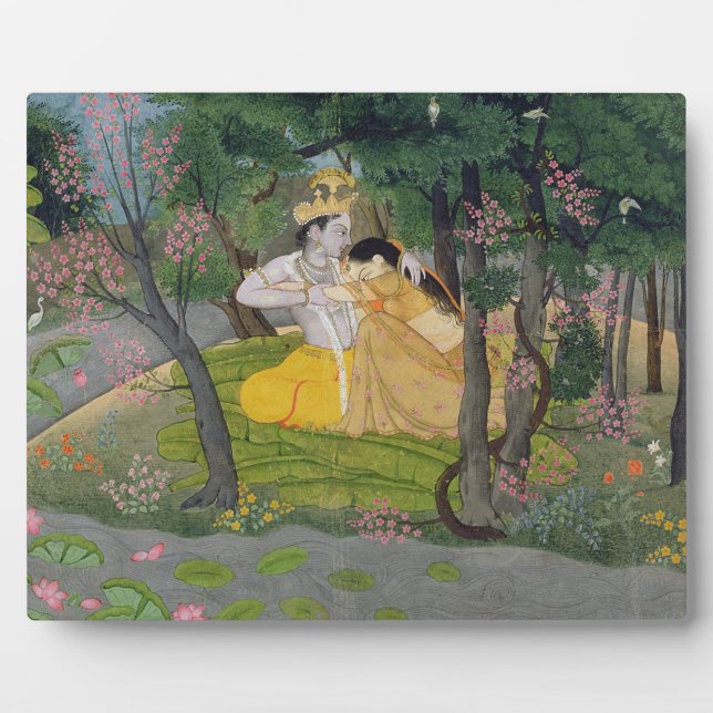 Placa Expositora Radha y Krishna se abrazan en un bosque de flores (Frente)