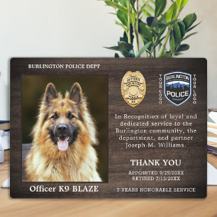 Placa Expositora Reconocimiento por retiro de perro de la policía O