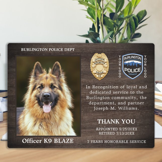 Placa Expositora Reconocimiento por retiro de perro de la policía O (Subido por el creador)