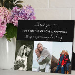 Placa Expositora Recordatorio 3 Collage de fotos Personalizado negr<br><div class="desc">Crea tu propia placa fotográfica de recuerdo en el recuerdo amoroso de tu persona especial, usando 3 de tus fotos más felices. La redacción es totalmente editable - actualmente dice "gracias - por una vida de amor y felicidad - dormir en paz, querida". La plantilla de fotos también está preparada...</div>