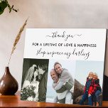 Placa Expositora Recuento 3 Collage de fotos Personalizado blanco<br><div class="desc">Crea tu propia placa fotográfica de recuerdo en el recuerdo amoroso de tu persona especial, usando 3 de tus fotos más felices. La redacción es totalmente editable - actualmente dice "gracias - por una vida de amor y felicidad - dormir en paz, querida". La plantilla de fotos también está preparada...</div>