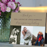 Placa Expositora Recuerdo 3 Collage de fotos Beige Brown Personaliz<br><div class="desc">Crea tu propia placa fotográfica de recuerdo en el recuerdo amoroso de tu persona especial, usando 3 de tus fotos más felices. La redacción es totalmente editable - actualmente dice "gracias - por una vida de amor y felicidad - dormir en paz, querida". La plantilla de fotos también está preparada...</div>