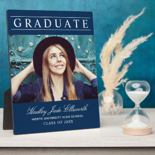 Placa Expositora Recuerdo de Foto de Graduación Elegante Azul Marin
