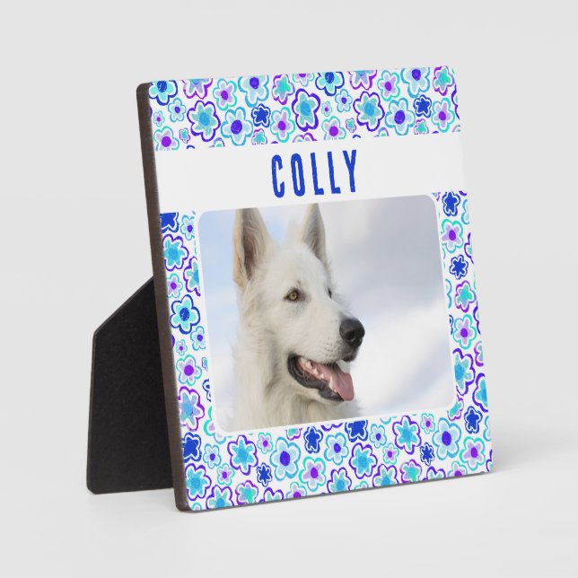 Placa Expositora Recuerdo de foto de perro con patrón de flores púr (Anverso)