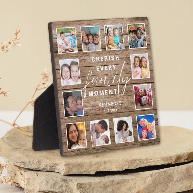 Placa Expositora Recuerdos Rustic Wood Family Cita 12 Collage de fo (Rustic Wood Family Memories Quote 12 Photo Collage Plaque)