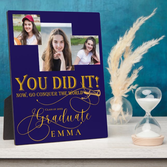 Placa Expositora Regalo de Blue Gold Graduation Multi Photo Keepsak (Lado)