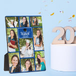 Placa Expositora Regalo de graduación de Blue Graduate Collage de f<br><div class="desc">Esta moderna placa fotográfica azul para graduados senior incluye tus 9 fotografías favoritas de estudiantes. La decoración de esta fiesta de graduación presenta una elegante tipografía blanca de tu nombre de instituto o universidad para la clase de 2025. Personalizar este regalo de keepsake con tu año de graduación por debajo...</div>
