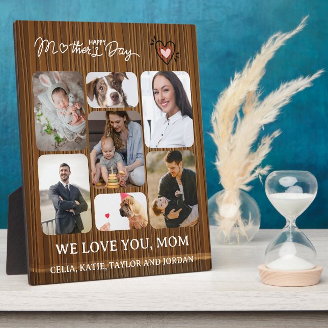 Placa Expositora Regalo personalizado del día de la madre: 7 Collag (Personalized Mom's Day Gift: 7-Photo Collage Wooden texture Plaque with Easel)