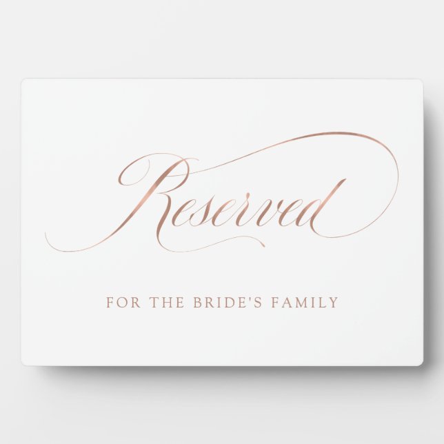 Placa Expositora Reservado | Faux Rosa Gold Ornate Script Boda (Frente)