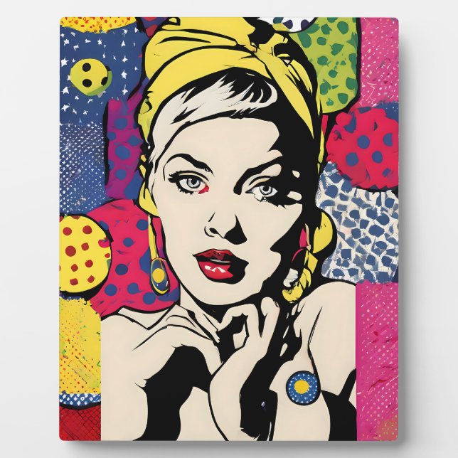 Placa Expositora Retrato de mujer en impresión de arte pop retro (Frente)