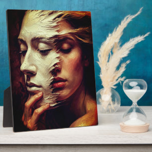 Placa Expositora Retrato de mujer surrealista con máscara pintada