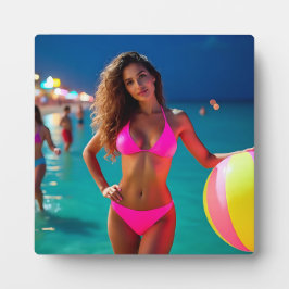 Placa Expositora Retrato de playa Twilight — Mujer en Bikin Neon Pi