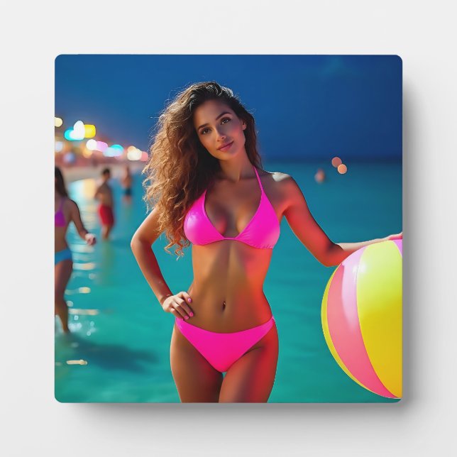 Placa Expositora Retrato de playa Twilight — Mujer en Bikin Neon Pi (Frente)