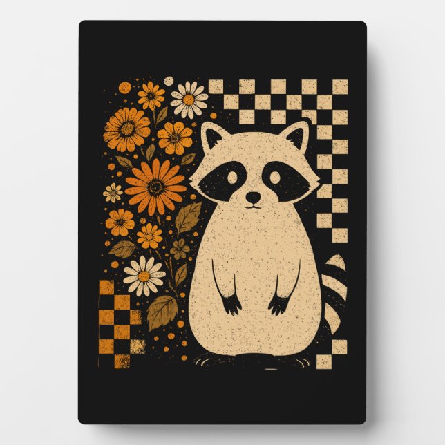 Placa Expositora Retro Checkered Halloween Raccoon (Frente)