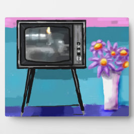 Placa Expositora Retro Televisor TV Set & Flower Arreglo Verde azul