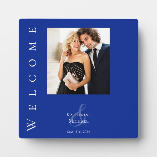 Placa Expositora Rótulo de mesa Boda de fotografía moderna en azul  (Frente)