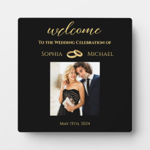 Placa Expositora Rótulo de mesa Boda de fotografías en negro y oro-