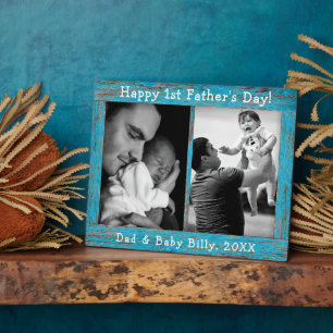 Placa Expositora Rustic Blue Wood Text First Father's Day Photo