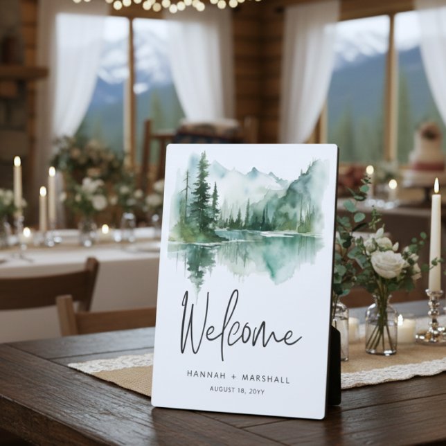 Placa Expositora Rustic Mountain Lake Scene Watercolor Wedding (Subido por el creador)