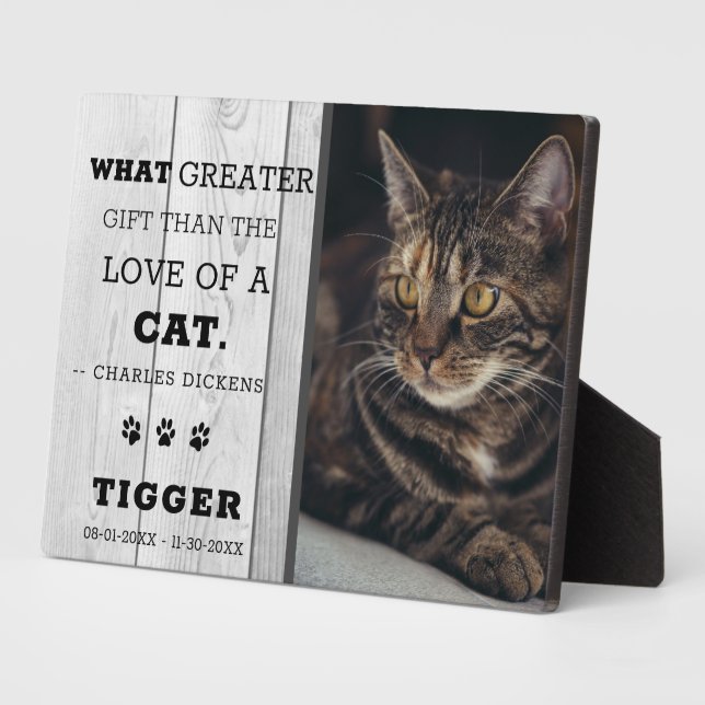 Placa Expositora Rústico Mascota en memoria de gato foto Gris Wood  (Lado)
