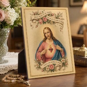 Placa Expositora Sagrado Corazón de Jesús vintage con la oración de