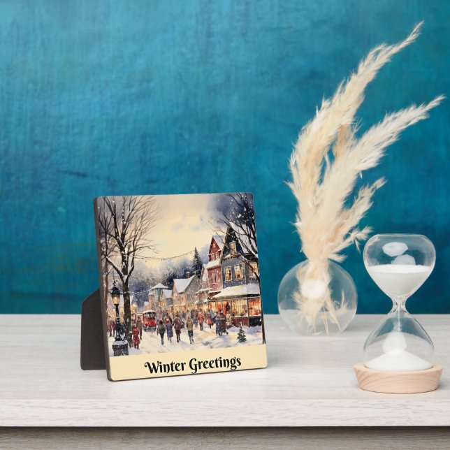 Placa Expositora Saludos de invierno, calle de ciudad nevada, (in situ)