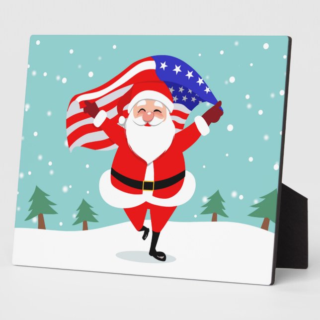 Placa Expositora Santa corriendo con bandera estadounidense (Lado)
