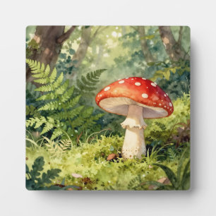 Placa Expositora Seta Amanita Muscaria Acuarela Escena del Bosque