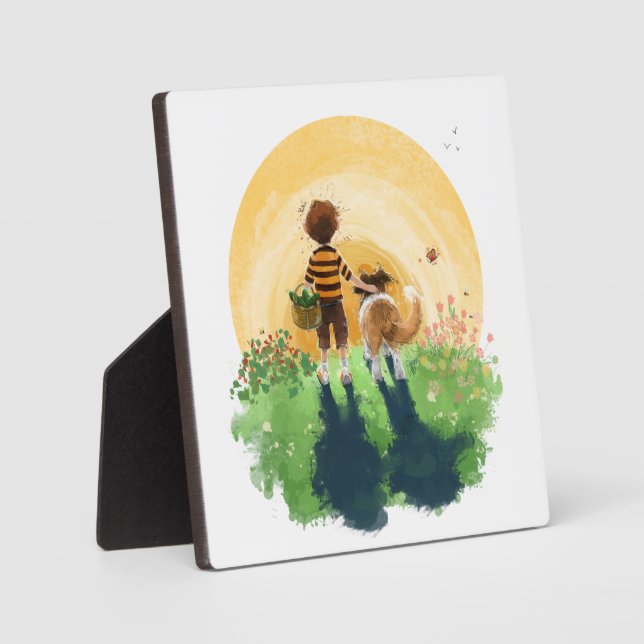 Placa Expositora Sheltie Perro y niño caminan al atardecer (Anverso)