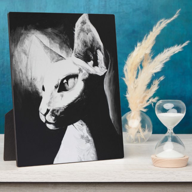 Placa Expositora Sphynx Cat Black White Contraste arte retrato Kitt (Lado)