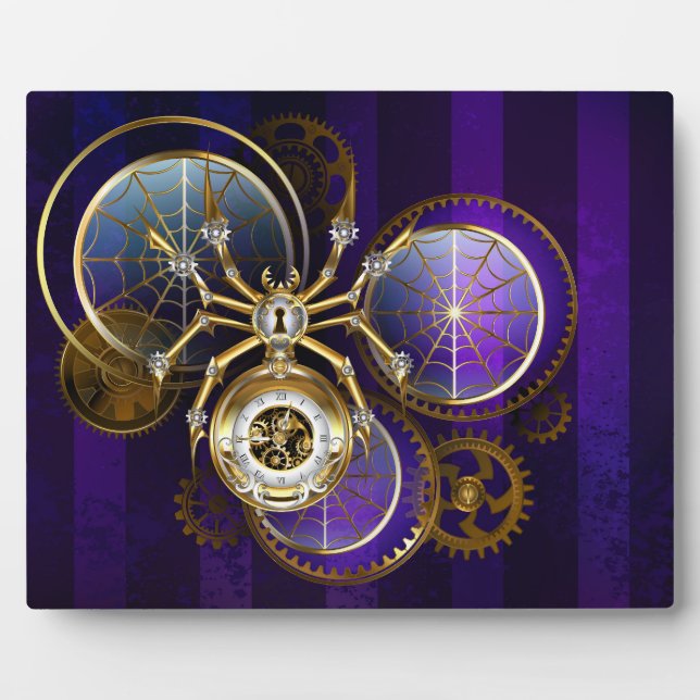 Placa Expositora Spider Steampunk sobre fondo morado (Frente)
