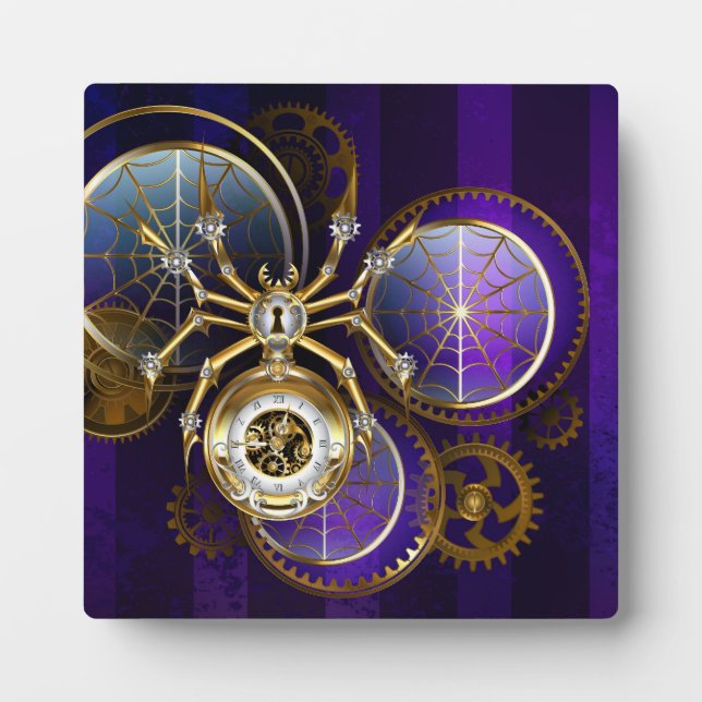 Placa Expositora Spider Steampunk sobre fondo morado (Frente)