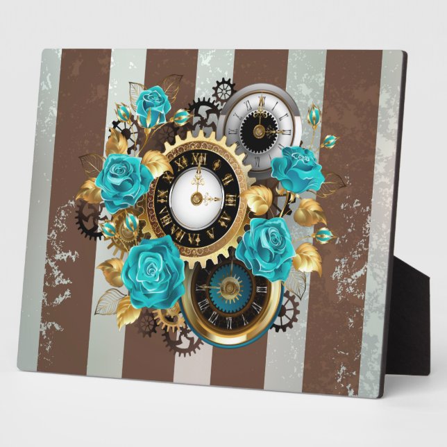 Placa Expositora Steampunk Clock and Turquoise Roses on Striped (Lado)