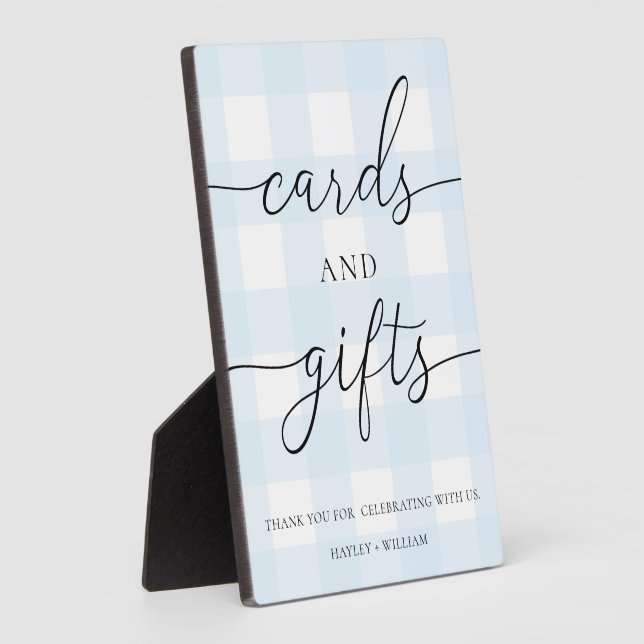 Placa Expositora Tarjetas y regalos de Gingham azul (Lado)