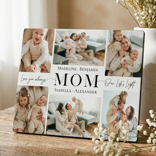 Placa Expositora Te Amamos Mamá Simple Collage de Fotos Recuerdo (We Love You Mom Simple Photo Collage Keepsake Plaque)