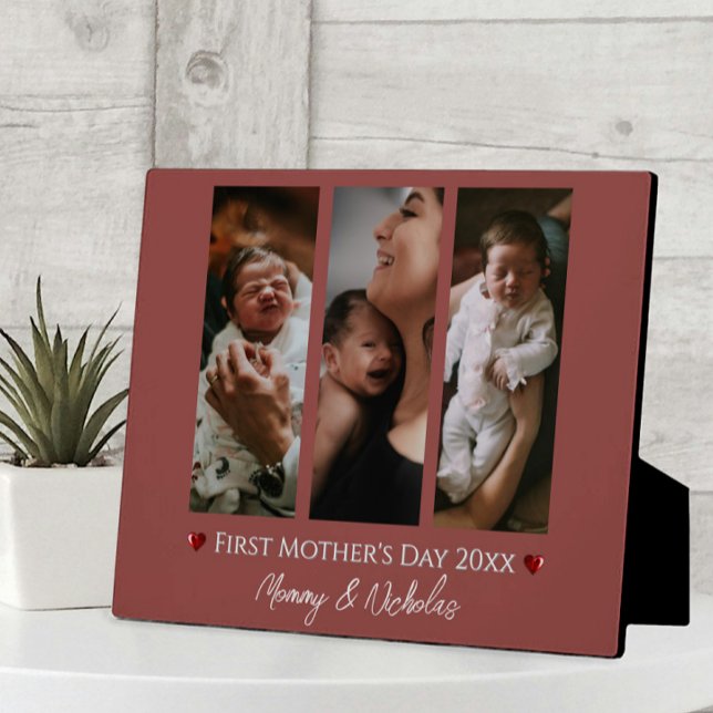Placa Expositora Tercer día de la madre: Terracotta de Collage de f (Terracotta First Mother's Day Three Photo Collage Plaque)