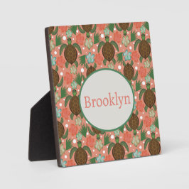 Placa Expositora Tortuga marina e hibiscus floral rosa coral